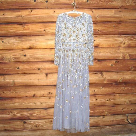 Mac Duggal 5533 Womens Embellished High Neck Long Sleeve Gown Dress Platinum - Picture 5 of 13